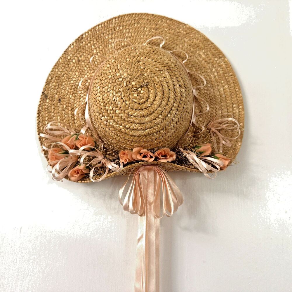 Straw Hat with Peach Flowers, Ribbons Grannycore Cottagecore Wall Decor - Picture 6 of 10